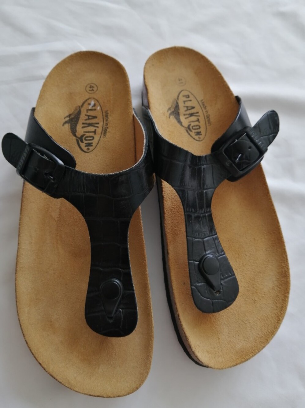 Plakton Bolera T-Bar Black Leather Croc Sandals Size 41 (10-10.5 US)